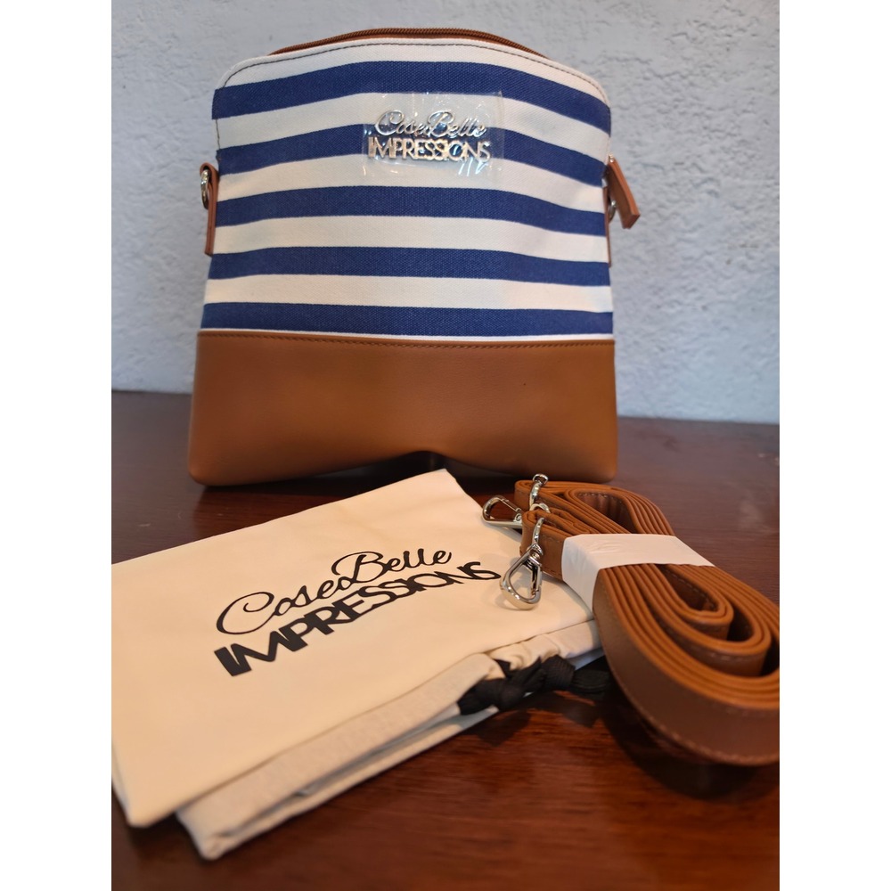 CoseBelle Impressions Blue White Striped Canvas Crossbody Bag Tan Vegan Leather - Picture 10 of 11